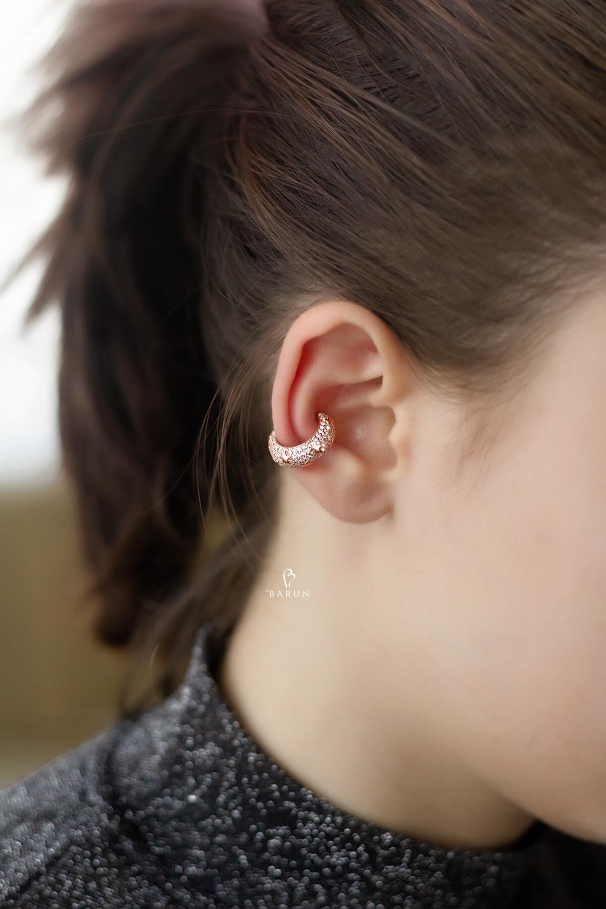 Yıldızlı Beyaz Taşlı Kalın Halka Kıkırdak Küpe-Rose