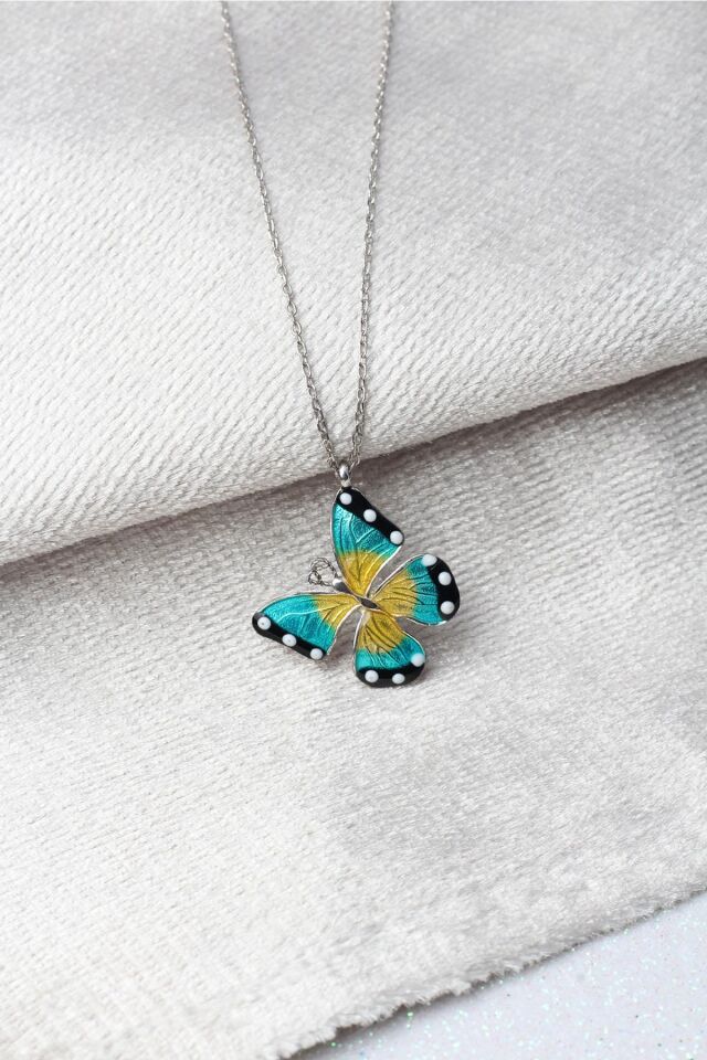 Kelebek Kolye Mavi Siyah Mineli Zirkon Taşlı  925 Ayar Gümüş Zincir Kolye;