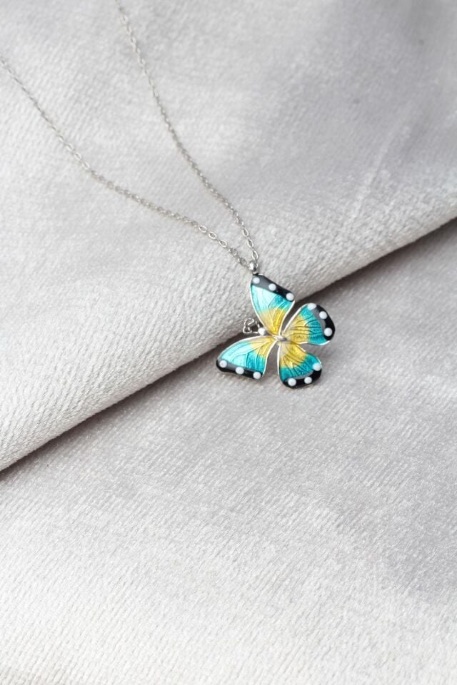 Kelebek Kolye Mavi Siyah Mineli Zirkon Taşlı  925 Ayar Gümüş Zincir Kolye;