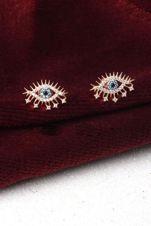 Nazar Boncuğu Küpe Mavi Göz Zirkon Taşlı 925 Ayar Gümüş Küpe