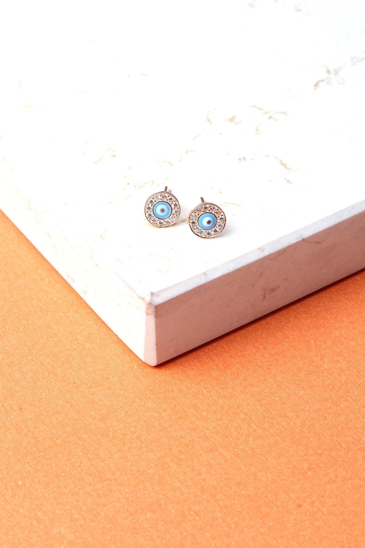 Nazar Küpe Göz Boncuğu Mavi 925 Ayar Beyaz Zirkon Taşlı Çivili Gümüş Küpe