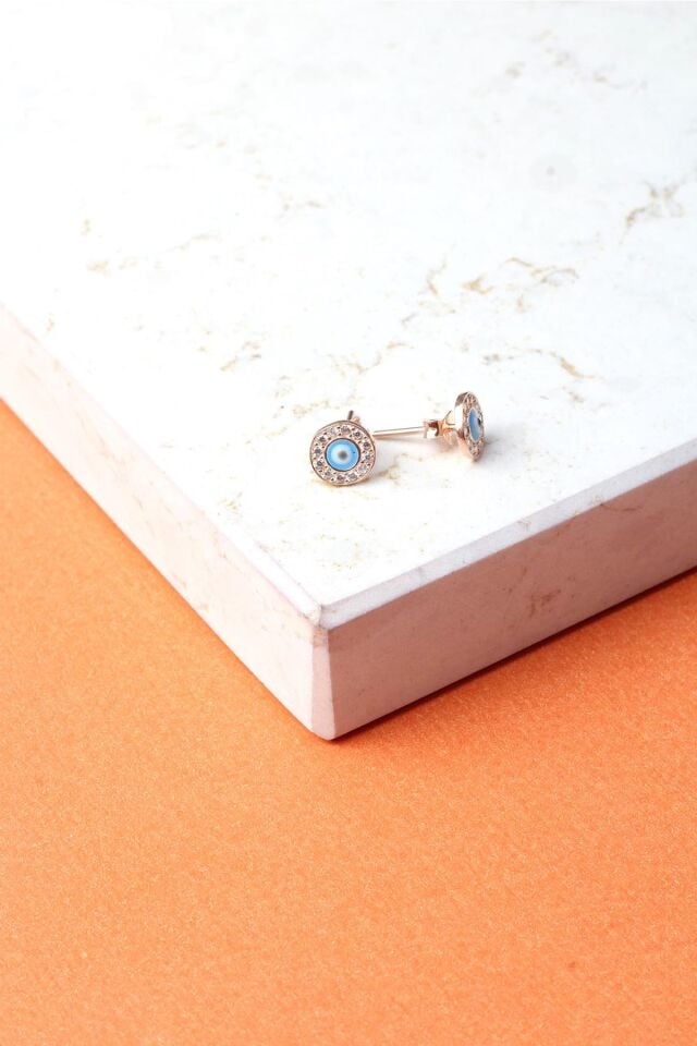 Nazar Küpe Göz Boncuğu Mavi 925 Ayar Beyaz Zirkon Taşlı Çivili Gümüş Küpe