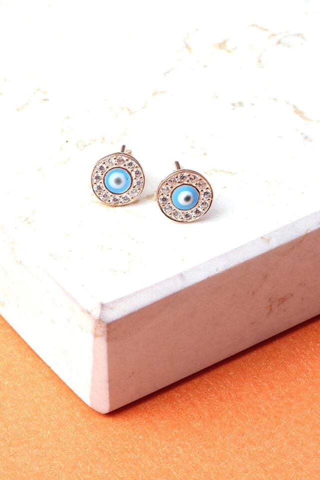 Nazar Küpe Göz Boncuğu Mavi 925 Ayar Beyaz Zirkon Taşlı Çivili Gümüş Küpe