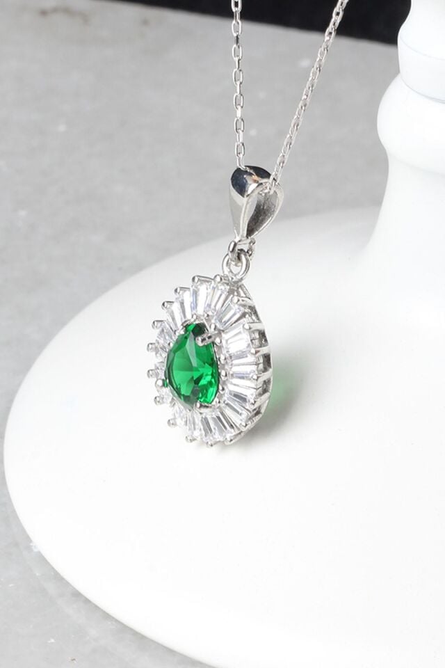 Damla Kolye Baget Taşlı Zümrüt Yeşil Zirkon Taşlı 925 Ayar Gümüş Zincir Kolye