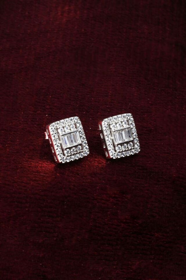 Baget Küpe Kare Zirkon Taşlı 925 Ayar Gümüş Küpe