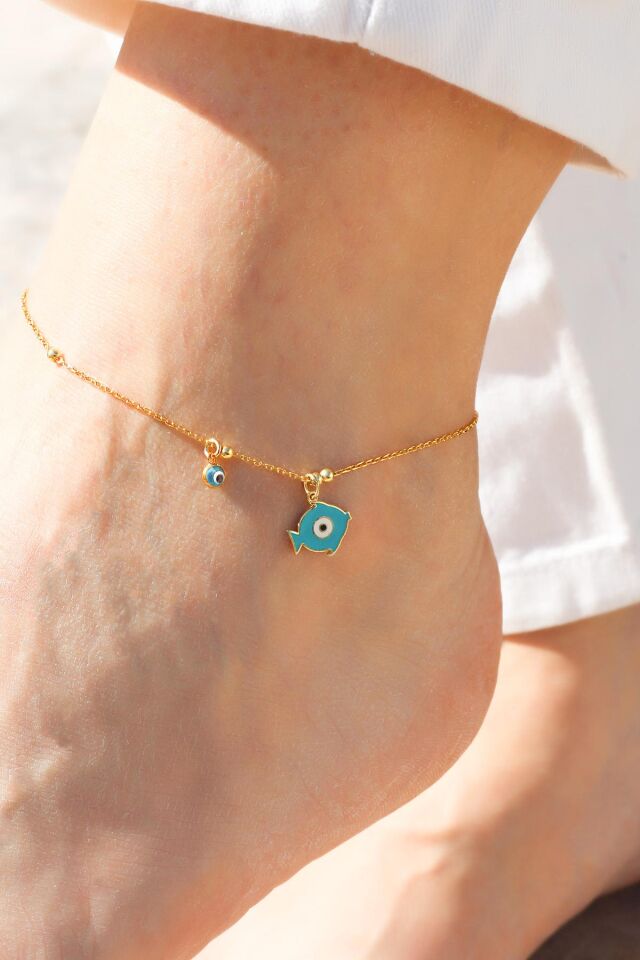 Halhal Kadın Silver 925 Ayar Gümüş Mavi Mineli Nazar Boncuklu Halhal