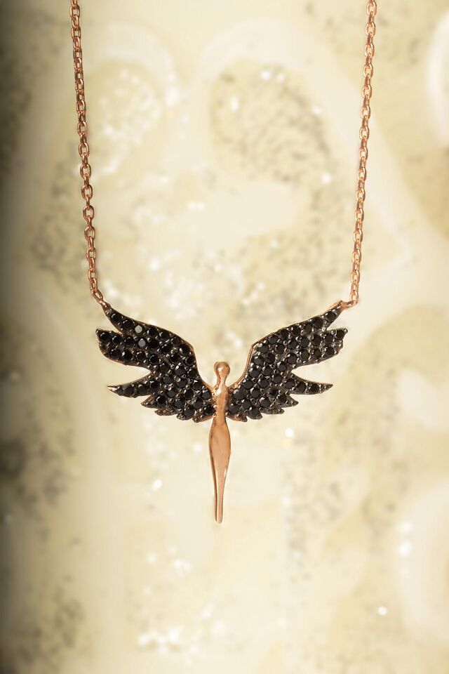 Siyah Taşlı Mikail Meleği Kolye - Rose