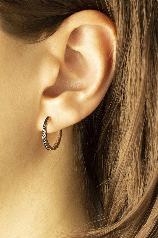 Siyah Taşlı Halka Küpe- Rose