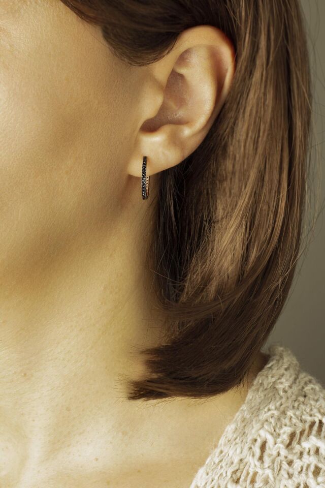 Siyah Taşlı Halka Küpe- Rose