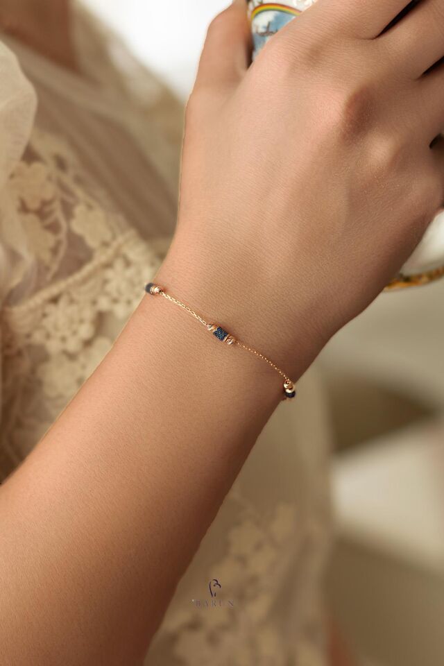 Mavi Taş Zincirli Gümüş Bileklik-Rose