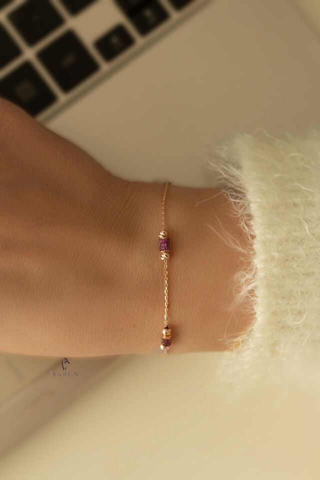 Pembe Taşlı Zincir Gümüş Bileklik-Rose