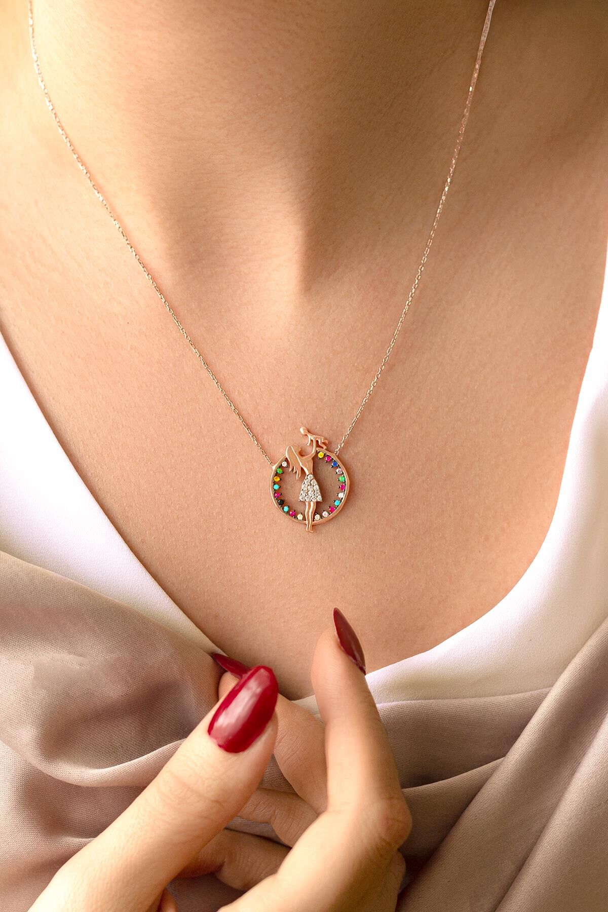 Renkli Taşlı Anne Bebek Gümüş Kolye-Rose