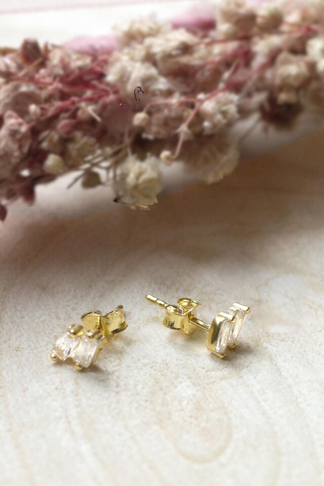 Sarı Renk Baget Taşlı Gümüş Küpe