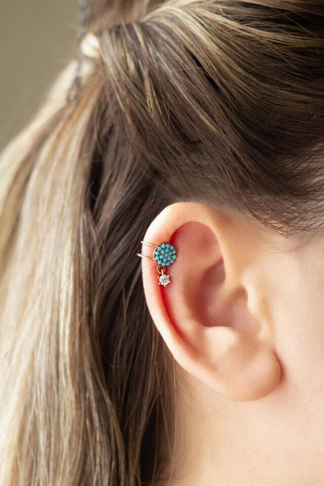 Yuvarlak Mavi Firuzeli Gümüş Kıkırdak Küpe - Rose