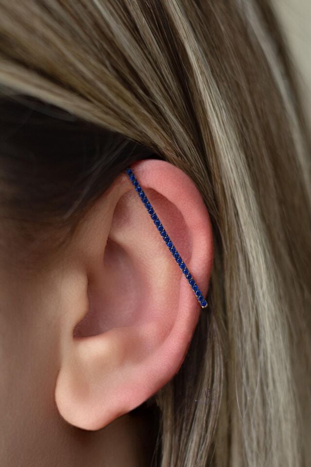 Lacivert Taşlı Dikdörtgen Çubuk Gümüş Kıkırdak Küpe-Rose