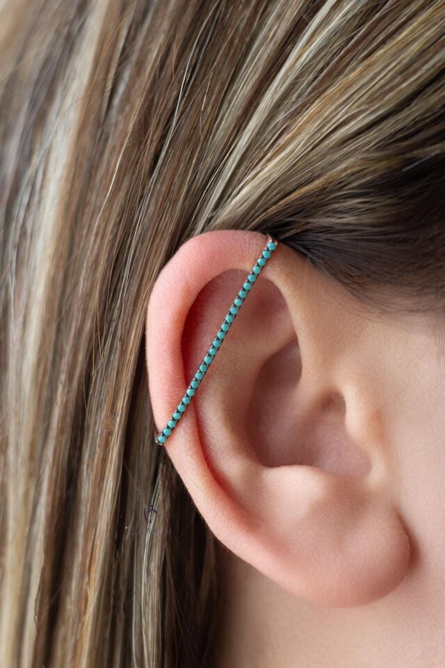 Mavi Firuzeli Dikdörtgen Çubuk Gümüş Kıkırdak Küpe-Rose