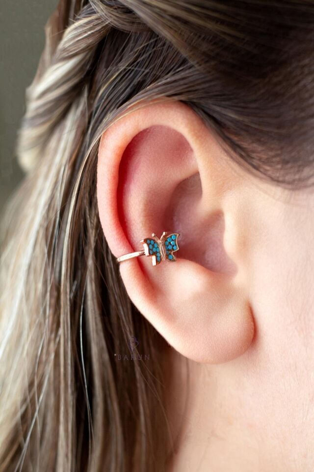 Mavi Firuze Taşlı Kelebek Model Gümüş Halka Kıkırdak Küpe