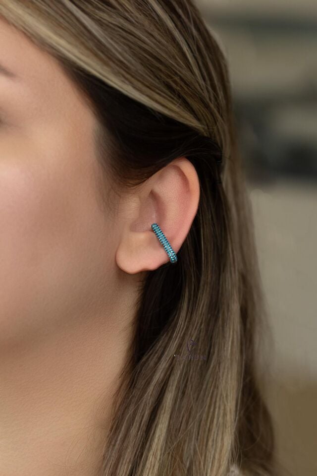 Mavi Firuze Taşlı Dikdörtgen Model Gümüş Kıkırdak Küpe-Rose