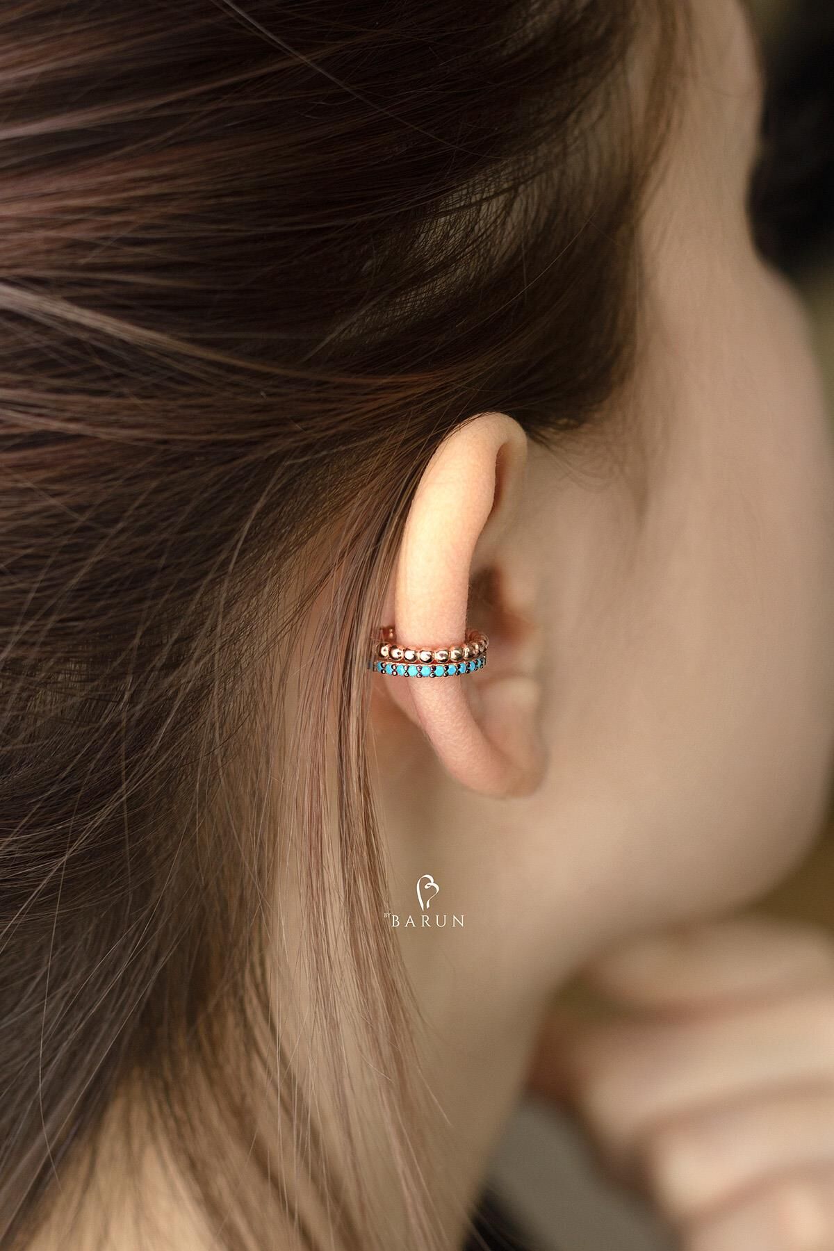 Yuvarlak Burgu Firuze Çift Gümüş Kıkırdak Küpe-Rose