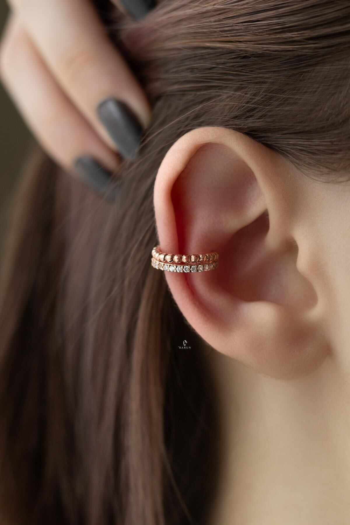 Beyaz Taşlı Yuvarlak Burgu Çift Gümüş Kıkırdak Küpe-Rose