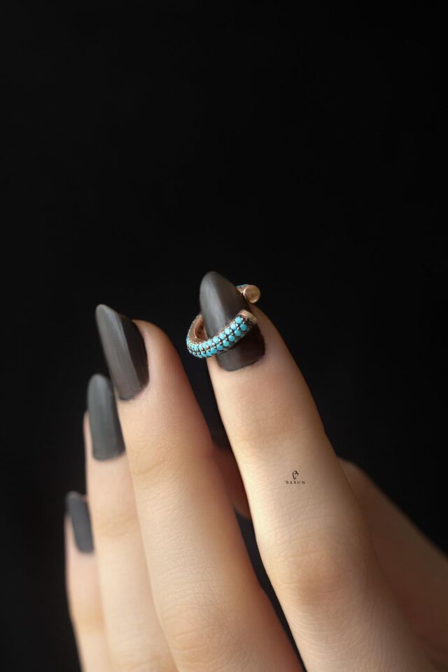 Üç Sıra Firuze Mavi Taşlı Gümüş Halka Kıkırdak Küpe-Rose