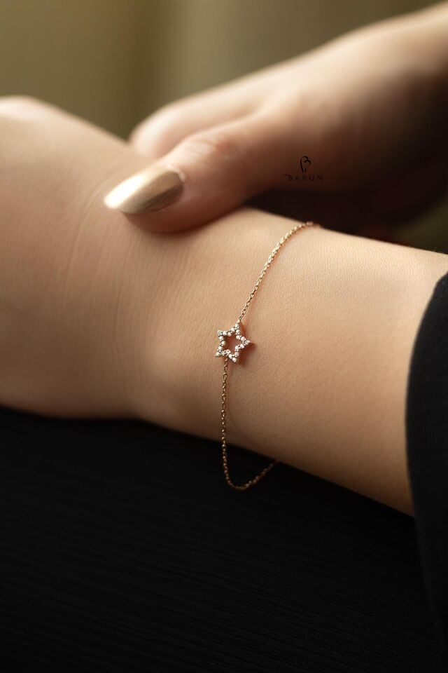 Beyaz Taşlı Yıldız Gümüş Bileklik-Rose