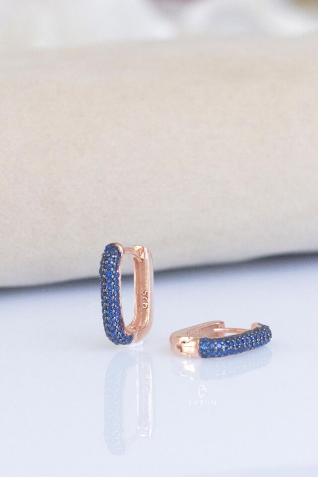 Lacivert Taşlı Dikdörtgen Model Gümüş Küpe-Rose