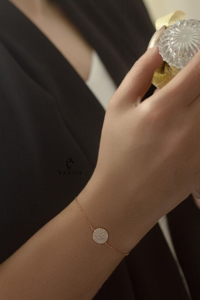 Yuvarlak Beyaz Taşlı Gümüş Zincir Bileklik-Rose