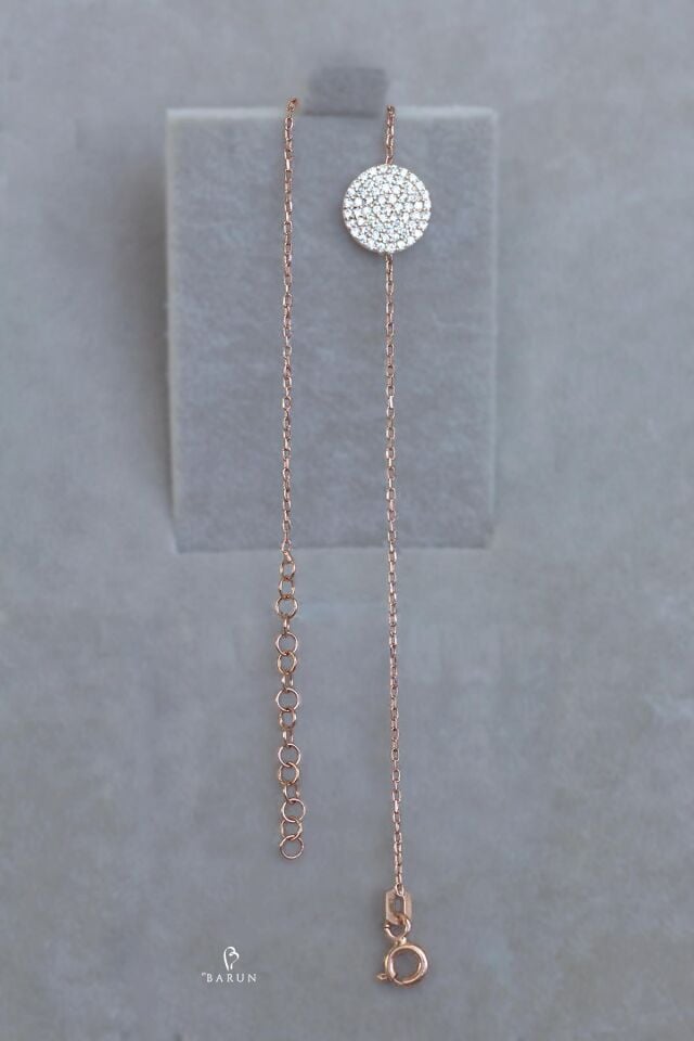 Yuvarlak Beyaz Taşlı Gümüş Zincir Bileklik-Rose