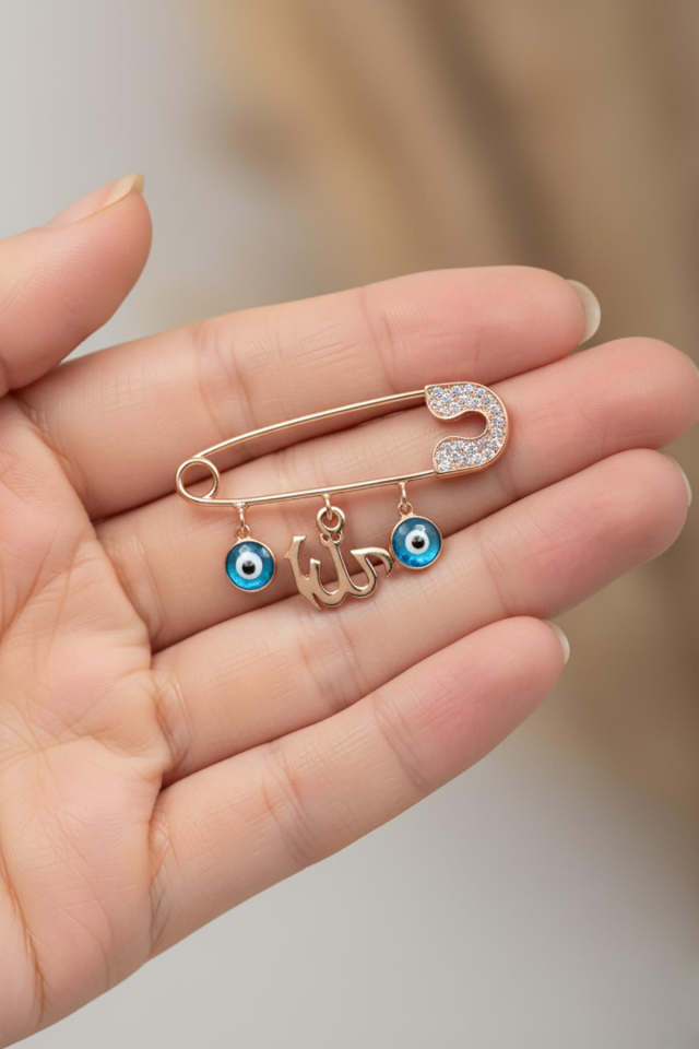 Gümüş Bebek İğnesi Allah Yazılı Nazar 925 Ayar Hediyelik