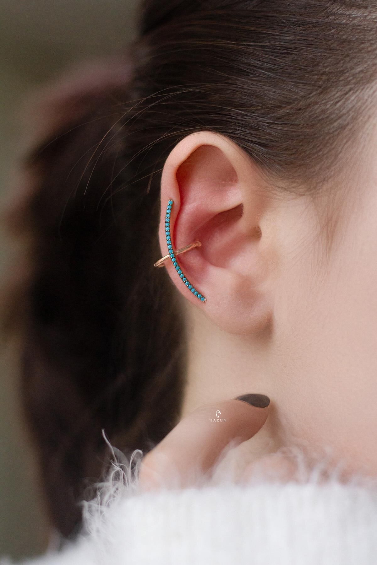 Mavi Firuze Taşlı Gümüş Yay Kıkırdak Küpe-Rose