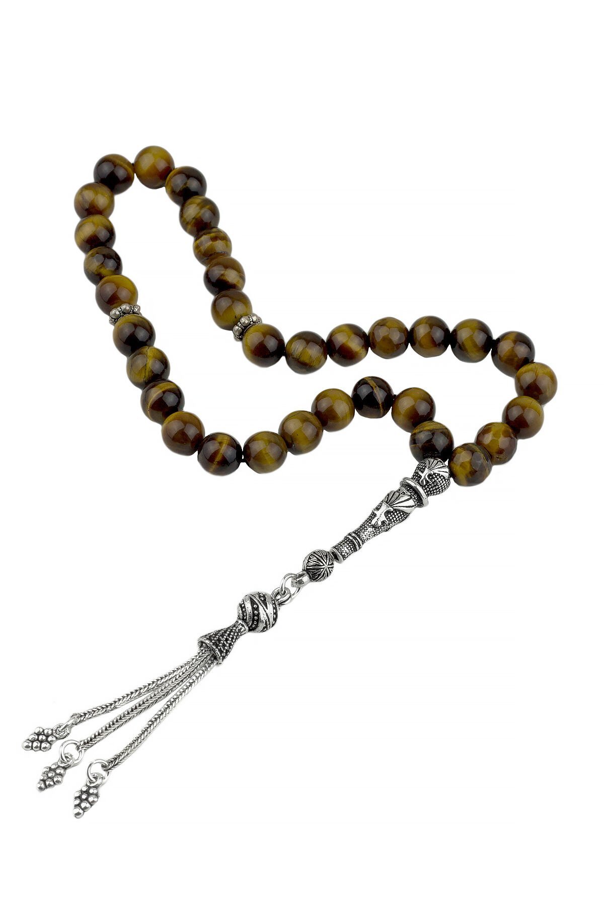 Tesbih Kedi Gözü Taşı Semazen 925 Ayar Gümüş Tesbih