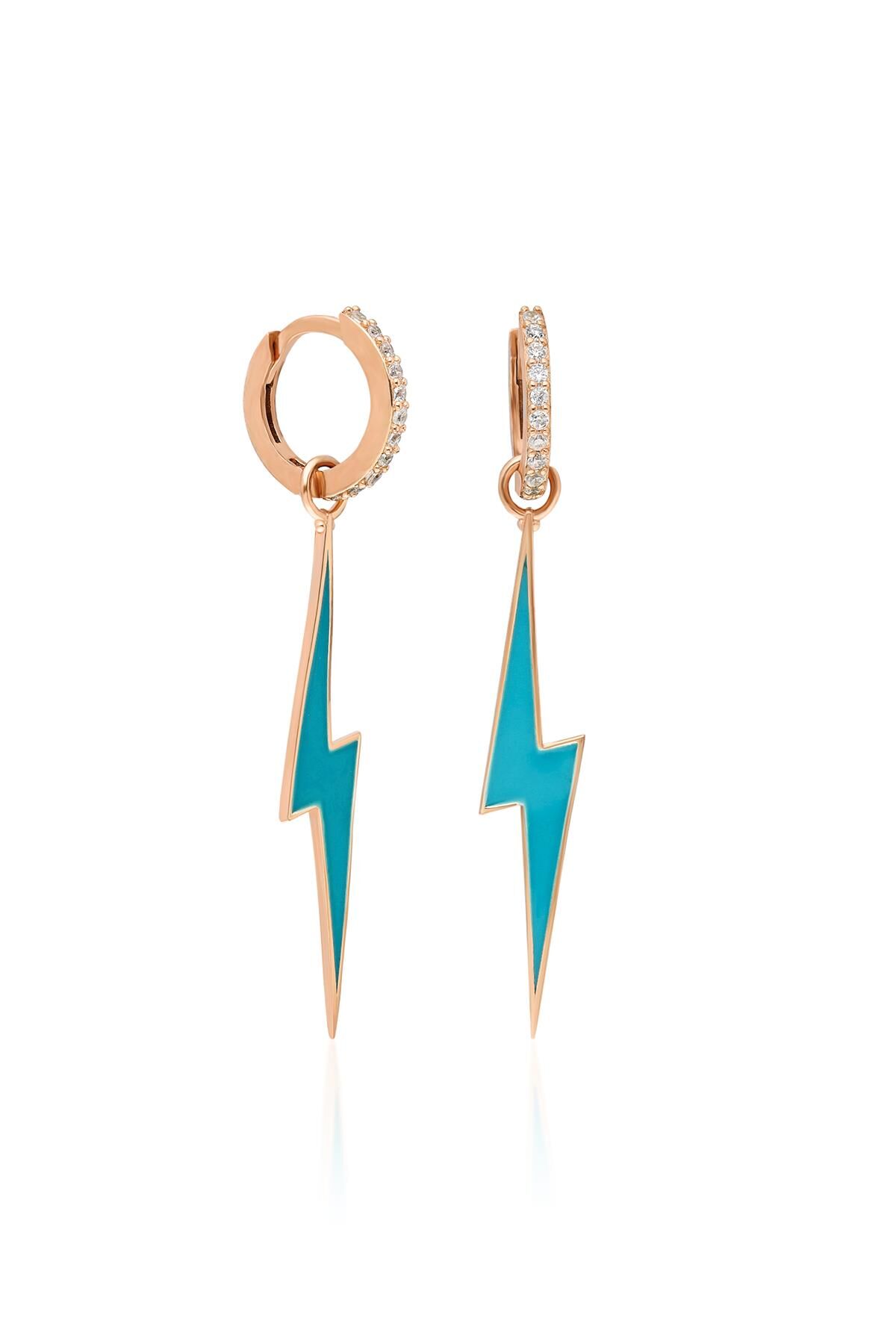 Beyaz Taşlı Mavi Neon Şimşek Model Mineli Gümüş Küpe-Rose