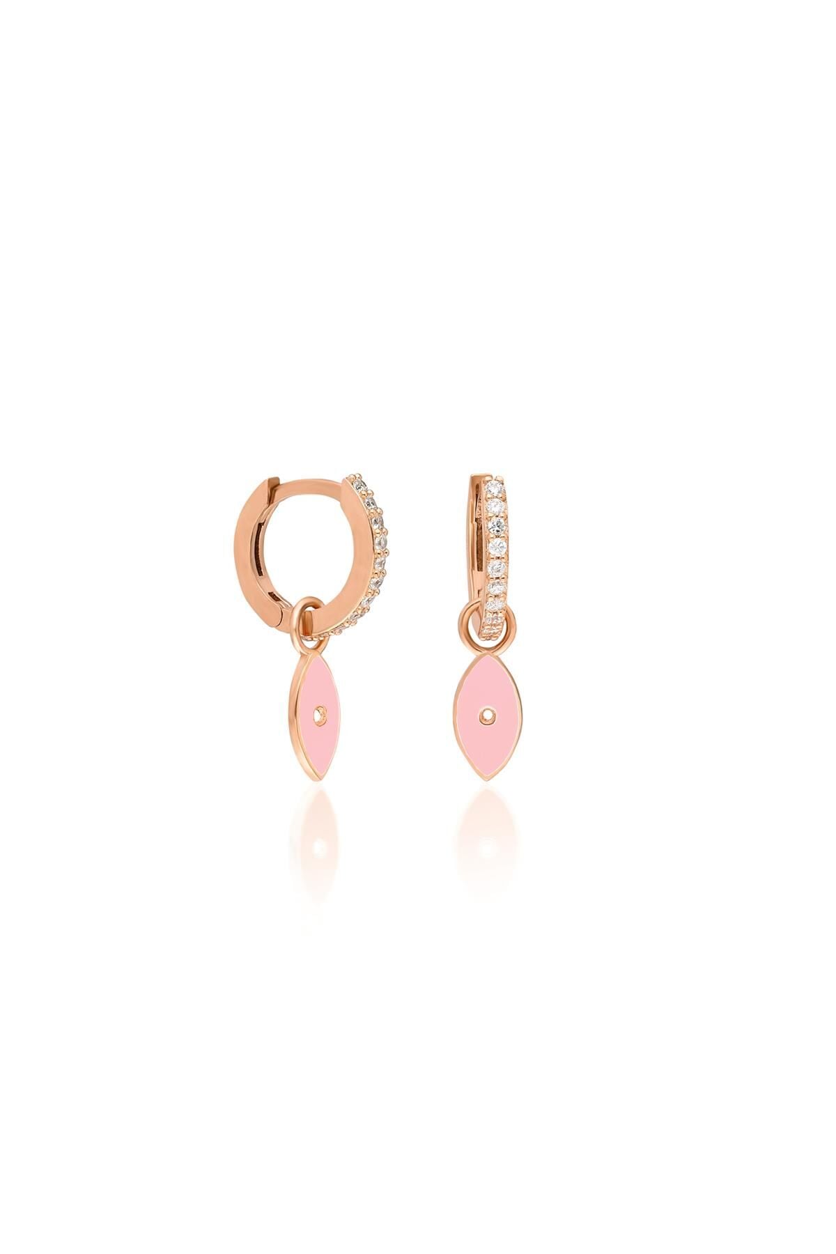 Beyaz Taşlı Pembe Neon Badem Model Mineli Gümüş Küpe-Rose