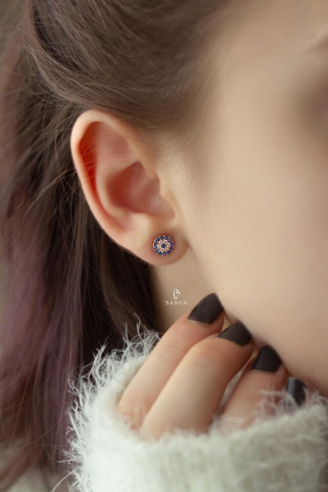 Göz Nazar Yuvarlak Mini Gümüş Küpe-Rose