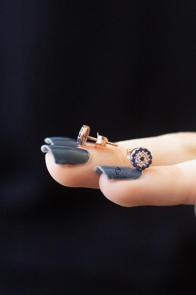 Göz Nazar Yuvarlak Mini Gümüş Küpe-Rose