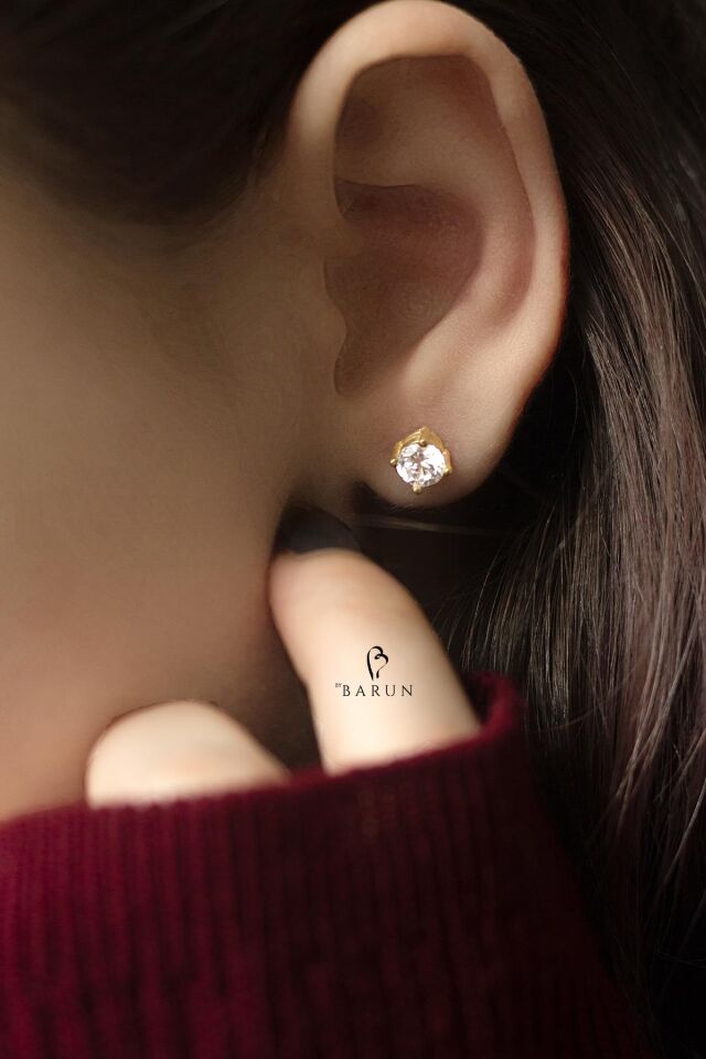 Tek Taş Sarı Renk Gümüş Küpe