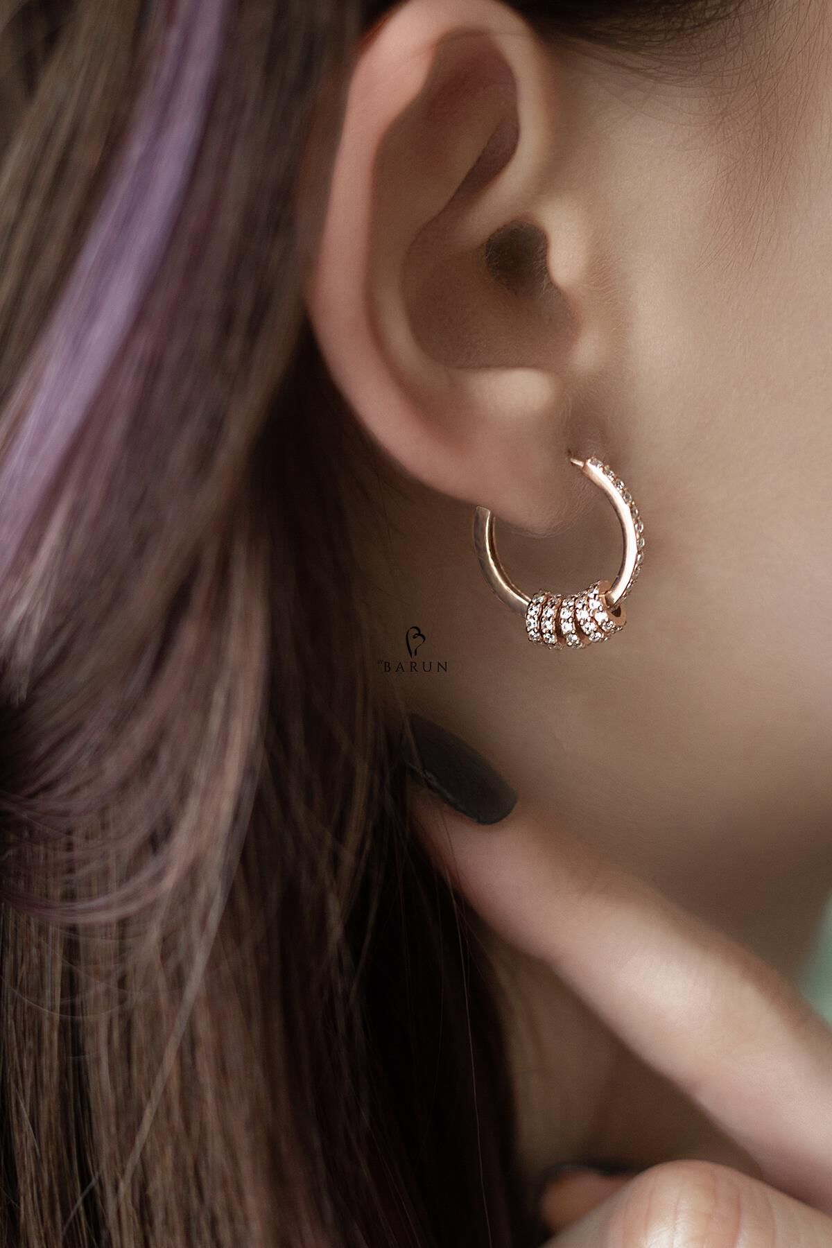 Beyaz Taşlı Beşli Halka Gümüş Küpe-Rose