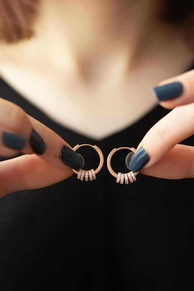 Beyaz Taşlı Beşli Halka Gümüş Küpe-Rose