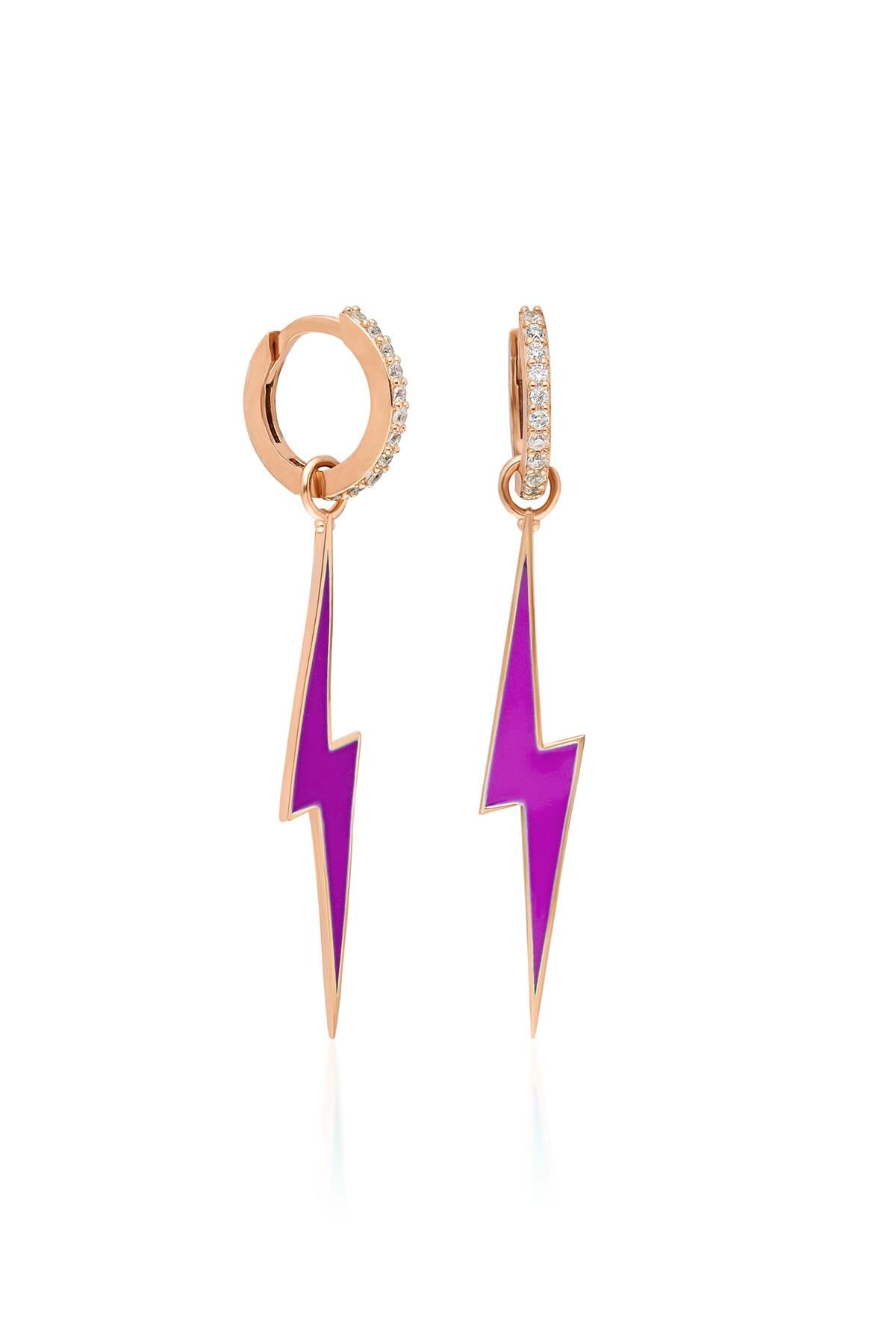 Beyaz Taşlı Mor Neon Şimşek Model Mineli Gümüş Küpe-Rose