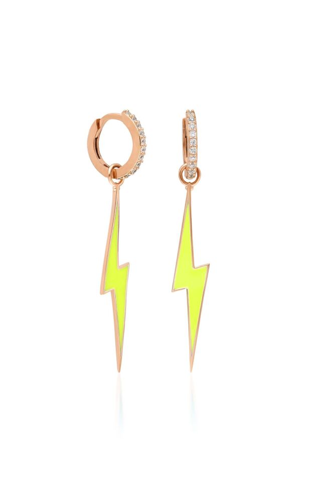 Beyaz Taşlı Yeşil Neon Şimşek Model Mineli Gümüş Küpe-Rose