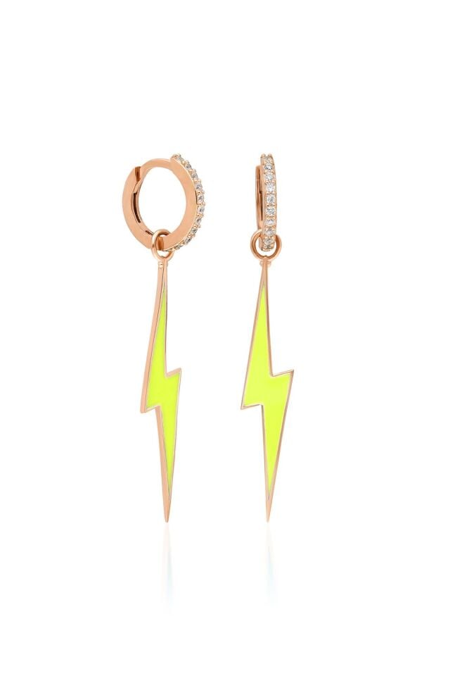 Beyaz Taşlı Yeşil Neon Şimşek Model Mineli Gümüş Küpe-Rose