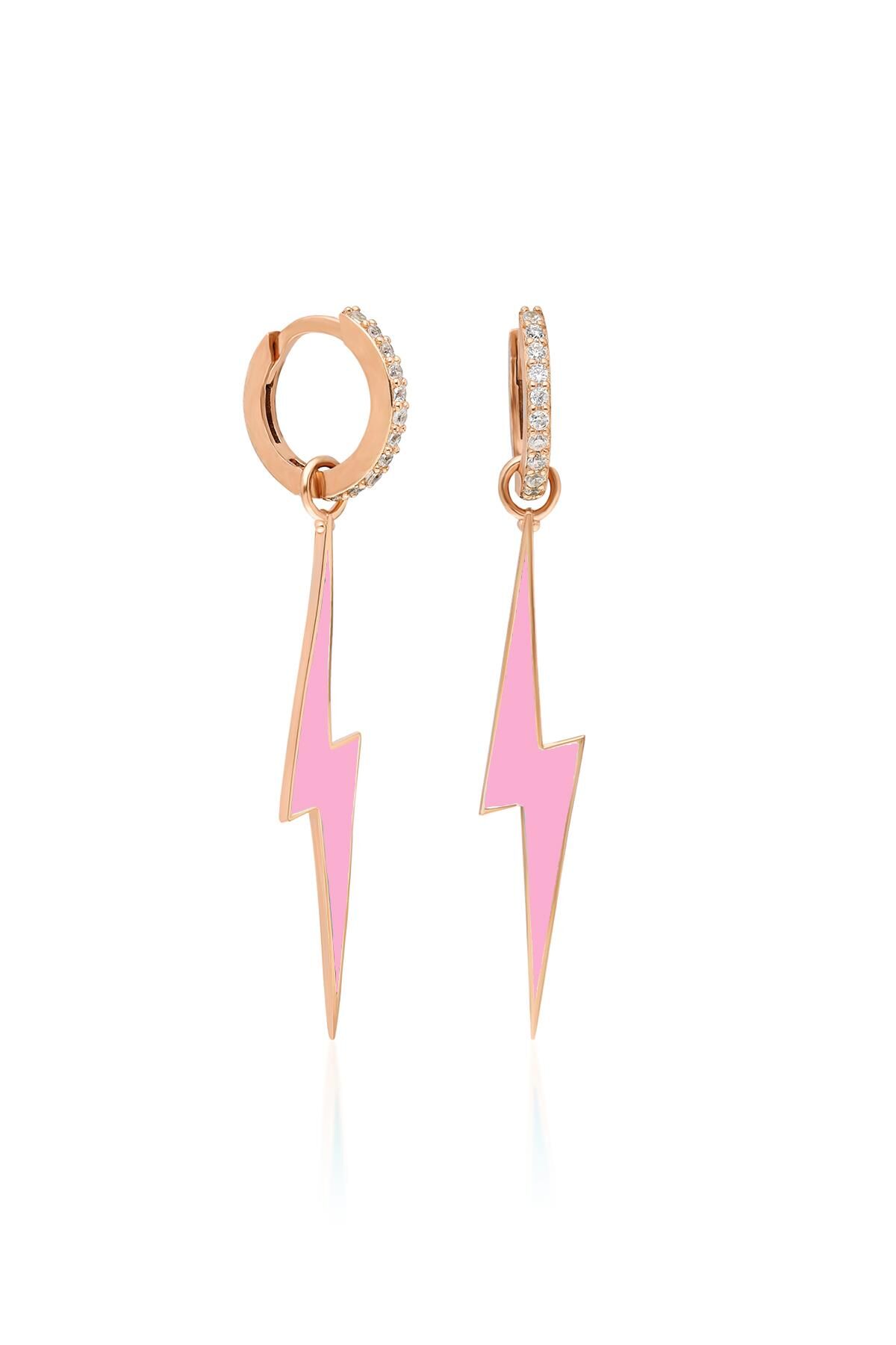 Beyaz Taşlı Pembe Neon Şimşek Model Mineli Gümüş Küpe-Rose