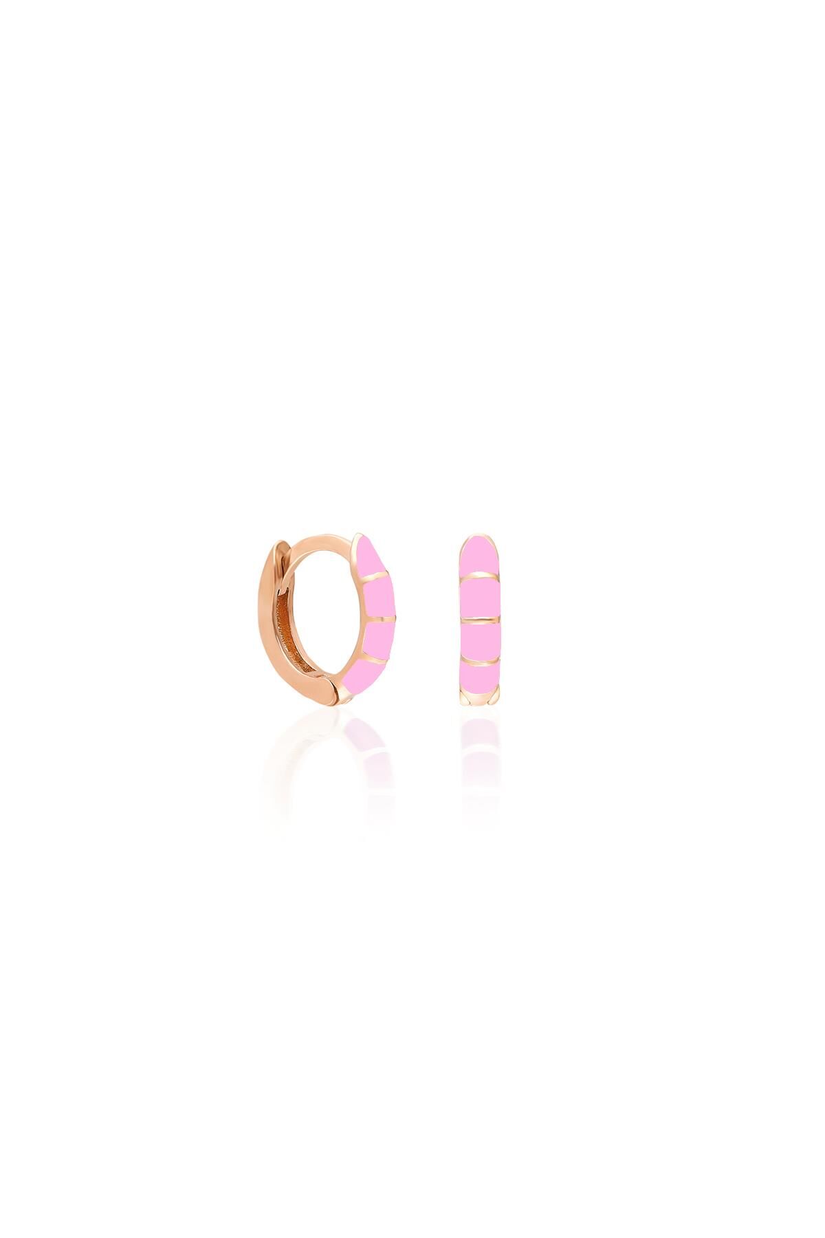 Pembe Neon Mineli Oval Gümüş Küpe-Rose