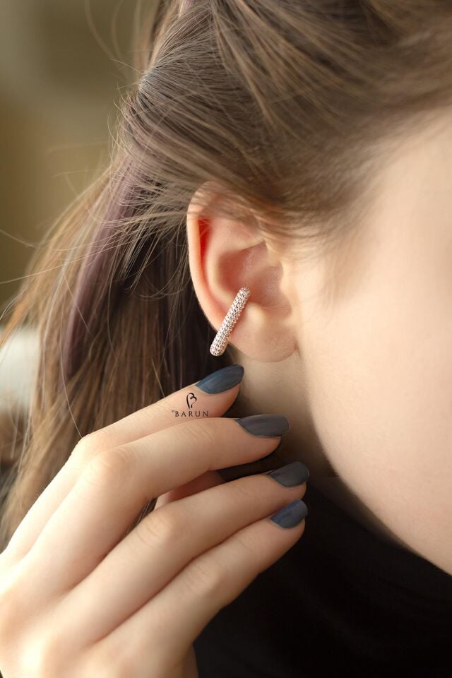 Beyaz Taşlı Dikdörtgen Model Gümüş Kıkırdak Küpe-Rose