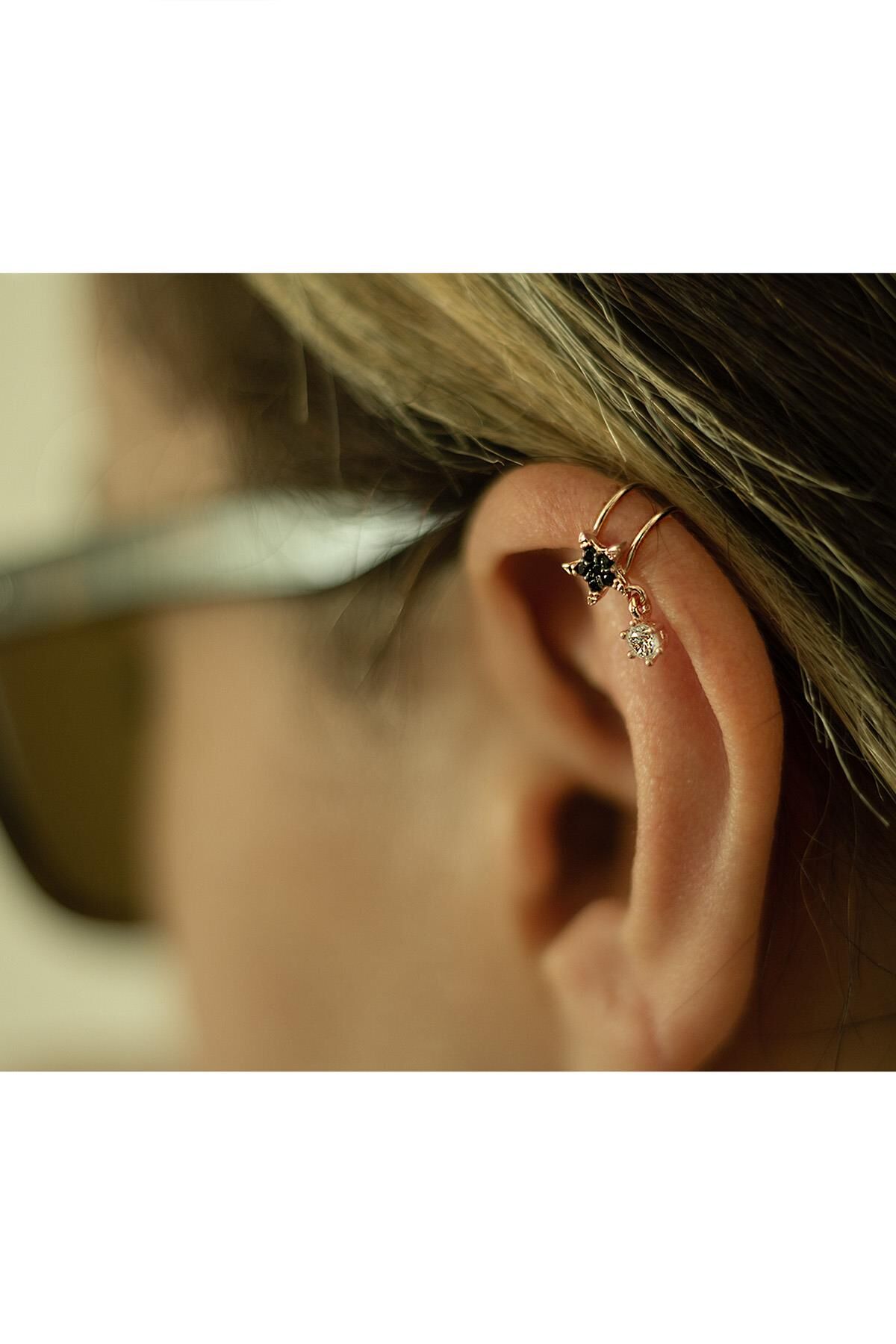 Siyah Yıldız Tek Taş 925 Ayar Gümüş Kıkırdak Küpe - Rose