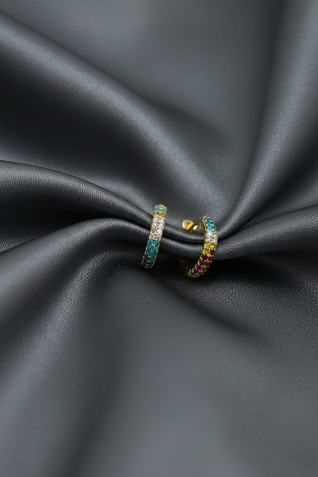 Yuvarlak Renkli Taşlı Gümüş Halka Küpe -Rose