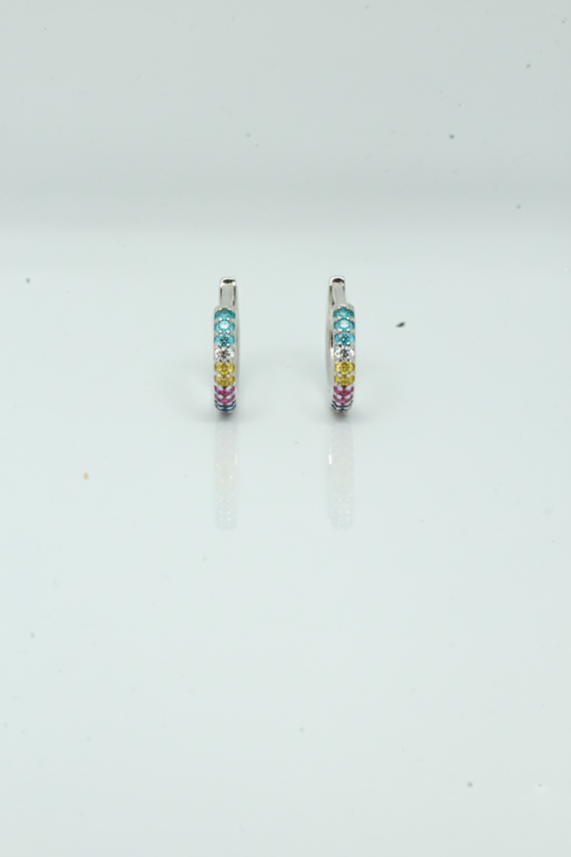 Yuvarlak Renkli Taşlı Gümüş Halka Küpe -Rose