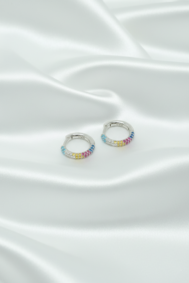 Yuvarlak Renkli Taşlı Gümüş Halka Küpe -Rose