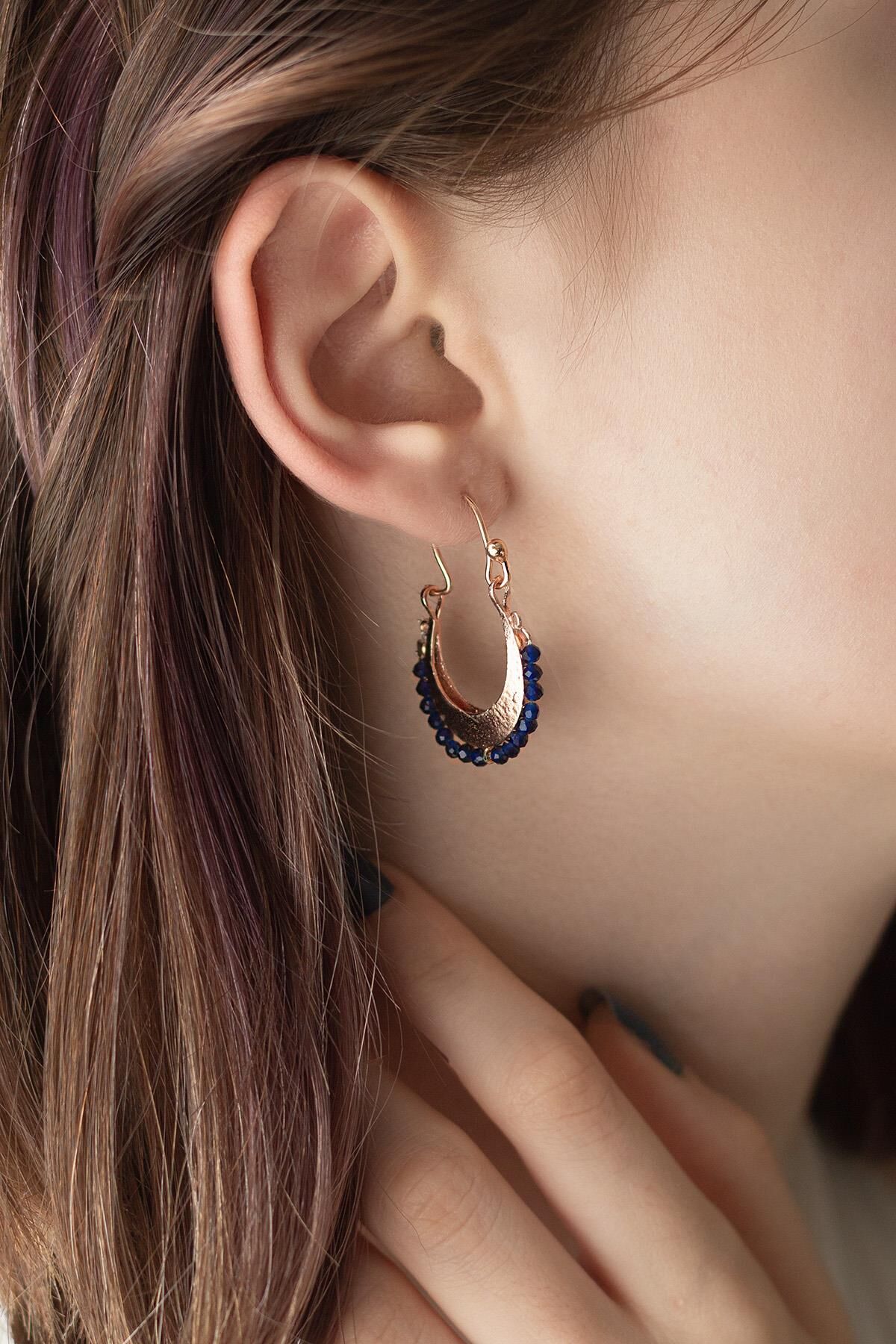 Lacivert Taşlı Sallantılı Gümüş Halka Küpe-Rose